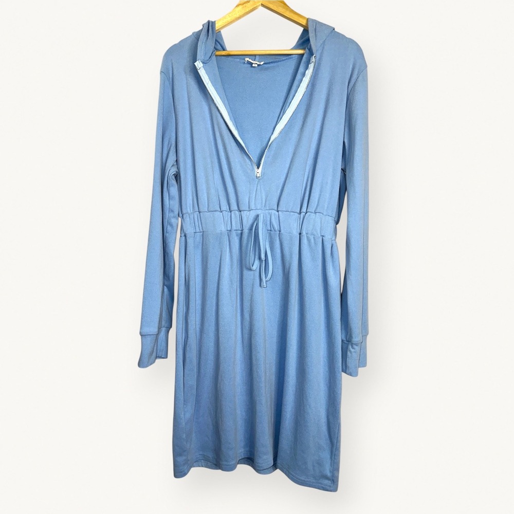 Anna-Kaci Light Blue Micro Velour Half Zip Hoodie Dress XL Drawstring Lounge - Picture 4 of 13